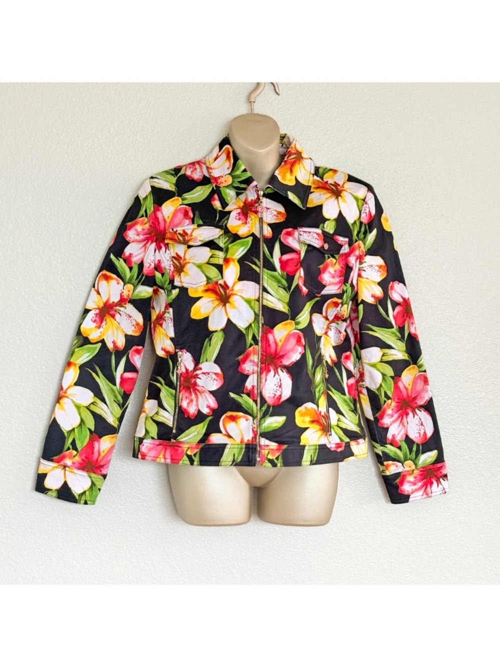 VTG 90s St. John Sport by Marie Gray Tropical Floral Denim Zip Jacket Sz M